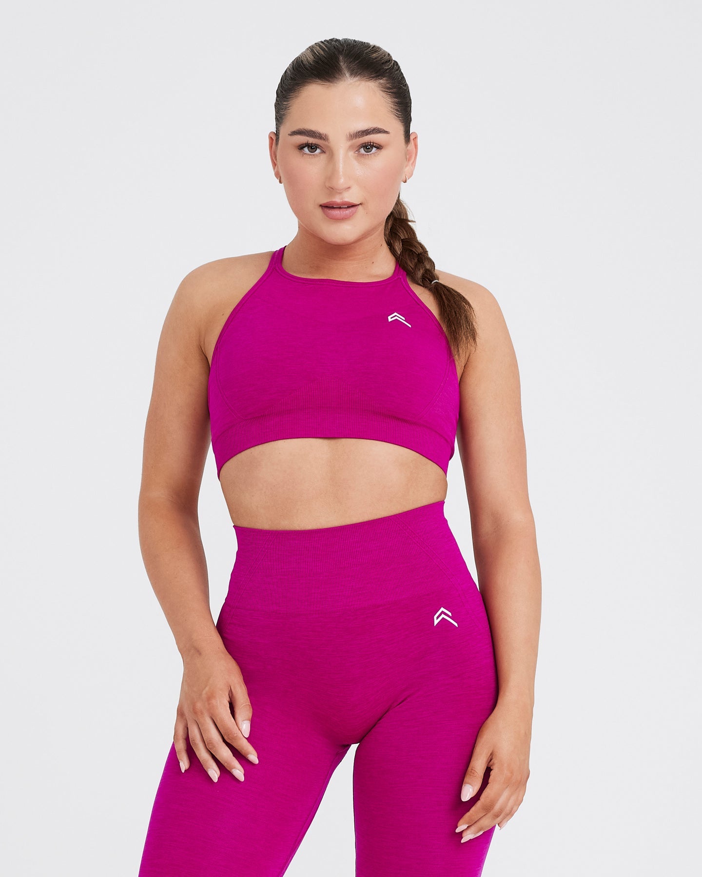 Effortless Seamless High Neck Bralette with White Logo | Fuchsia