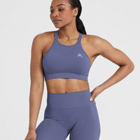 Effortless Seamless High Neck Bralette with White Logo | Slate Blue