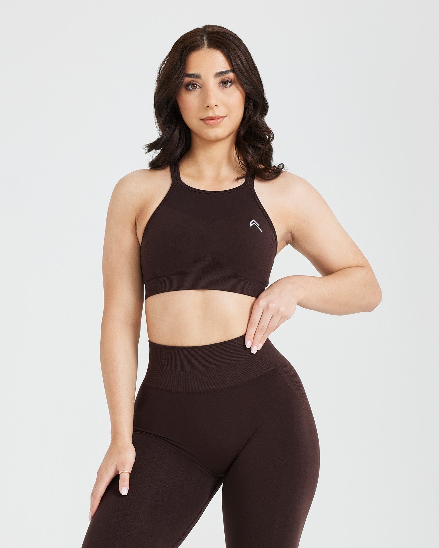 Effortless Seamless High Neck Bralette with White Logo | 70% Cocoa