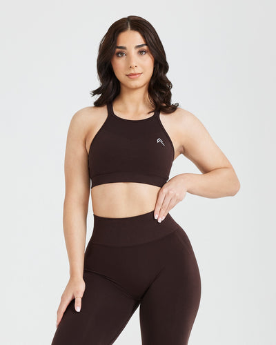 Effortless Seamless High Neck Bralette with White Logo | 70% Cocoa