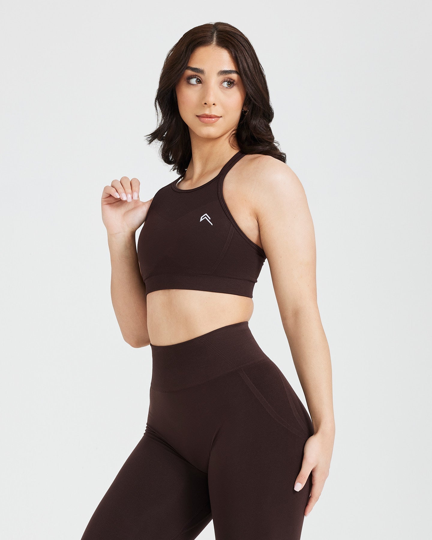 Effortless Seamless High Neck Bralette with White Logo | 70% Cocoa