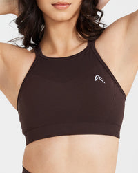 Effortless Seamless High Neck Bralette with White Logo | 70% Cocoa