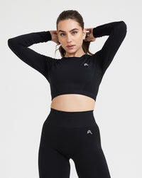 Effortless Seamless Long Sleeve Crop Top with White Logo | Black