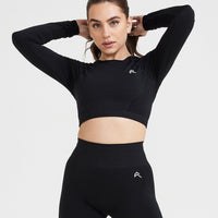 Effortless Seamless Long Sleeve Crop Top with White Logo | Black