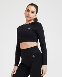 Effortless Seamless Long Sleeve Crop Top with White Logo | Black