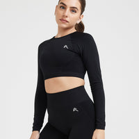 Effortless Seamless Long Sleeve Crop Top with White Logo | Black