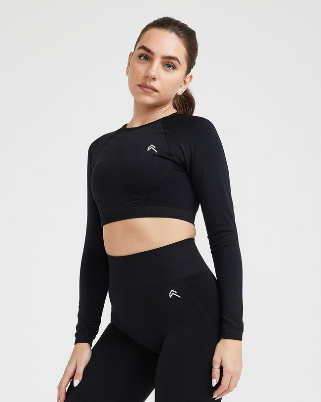 Effortless Seamless Long Sleeve Crop Top with White Logo | Black