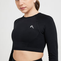 Effortless Seamless Long Sleeve Crop Top with White Logo | Black