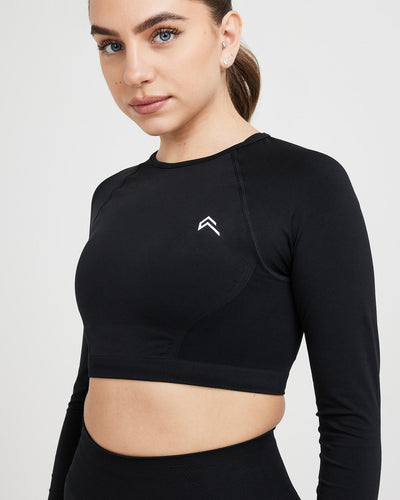 Effortless Seamless Long Sleeve Crop Top with White Logo | Black