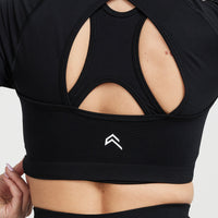 Effortless Seamless Long Sleeve Crop Top with White Logo | Black
