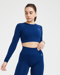 Effortless Seamless Long Sleeve Crop Top with White Logo | Midnight