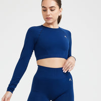 Effortless Seamless Long Sleeve Crop Top with White Logo | Midnight