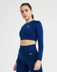 Effortless Seamless Long Sleeve Crop Top with White Logo | Midnight