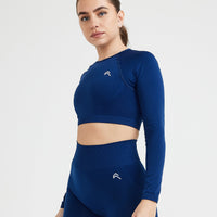 Effortless Seamless Long Sleeve Crop Top with White Logo | Midnight