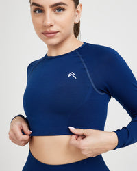 Effortless Seamless Long Sleeve Crop Top with White Logo | Midnight