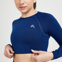 Effortless Seamless Long Sleeve Crop Top with White Logo | Midnight