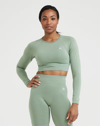 Effortless Seamless Long Sleeve Crop Top with White Logo | Sage