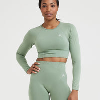 Effortless Seamless Long Sleeve Crop Top with White Logo | Sage