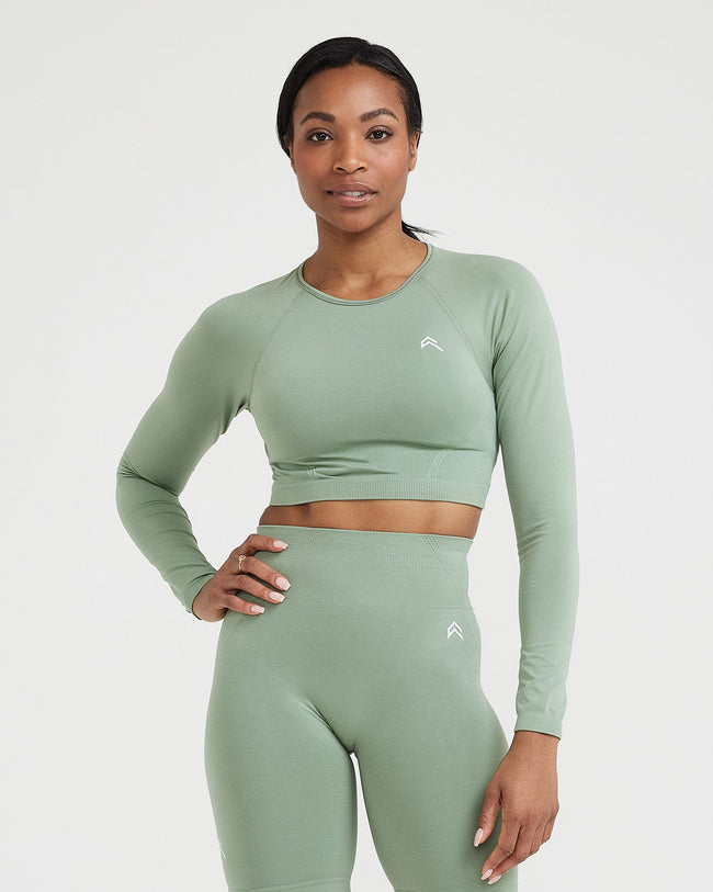 Effortless Seamless Long Sleeve Crop Top with White Logo | Sage