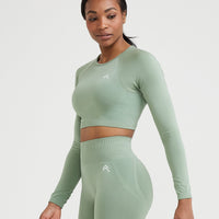 Effortless Seamless Long Sleeve Crop Top with White Logo | Sage