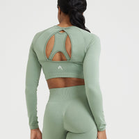 Effortless Seamless Long Sleeve Crop Top with White Logo | Sage