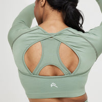 Effortless Seamless Long Sleeve Crop Top with White Logo | Sage