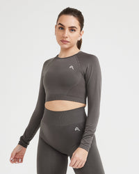 Effortless Seamless Long Sleeve Crop Top with White Logo | Deep Taupe