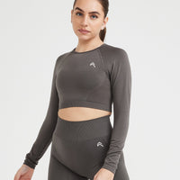 Effortless Seamless Long Sleeve Crop Top with White Logo | Deep Taupe