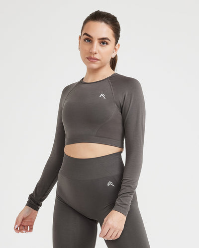 Effortless Seamless Long Sleeve Crop Top with White Logo | Deep Taupe