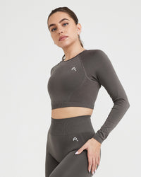 Effortless Seamless Long Sleeve Crop Top with White Logo | Deep Taupe