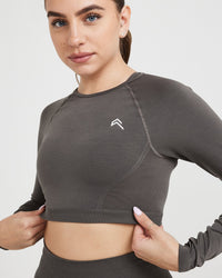 Effortless Seamless Long Sleeve Crop Top with White Logo | Deep Taupe