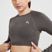 Effortless Seamless Long Sleeve Crop Top with White Logo | Deep Taupe
