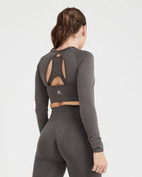 Effortless Seamless Long Sleeve Crop Top with White Logo | Deep Taupe