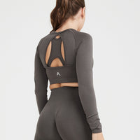 Effortless Seamless Long Sleeve Crop Top with White Logo | Deep Taupe