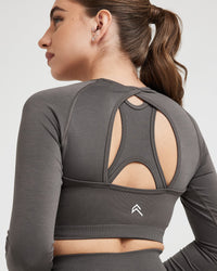 Effortless Seamless Long Sleeve Crop Top with White Logo | Deep Taupe