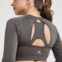 Effortless Seamless Long Sleeve Crop Top with White Logo | Deep Taupe