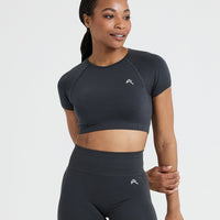 Effortless Seamless Short Sleeve Crop Top with White Logo | Coal