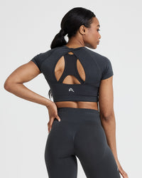 Effortless Seamless Short Sleeve Crop Top with White Logo | Coal