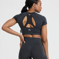 Effortless Seamless Short Sleeve Crop Top with White Logo | Coal
