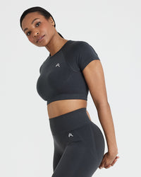 Effortless Seamless Short Sleeve Crop Top with White Logo | Coal