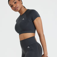 Effortless Seamless Short Sleeve Crop Top with White Logo | Coal
