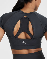 Effortless Seamless Short Sleeve Crop Top with White Logo | Coal
