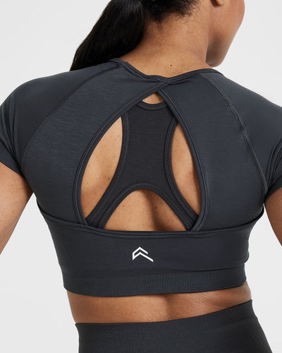 Effortless Seamless Short Sleeve Crop Top with White Logo | Coal