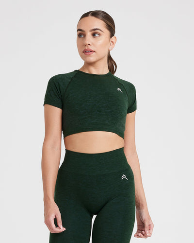 Effortless Seamless Short Sleeve Crop Top with White Logo | Evergreen
