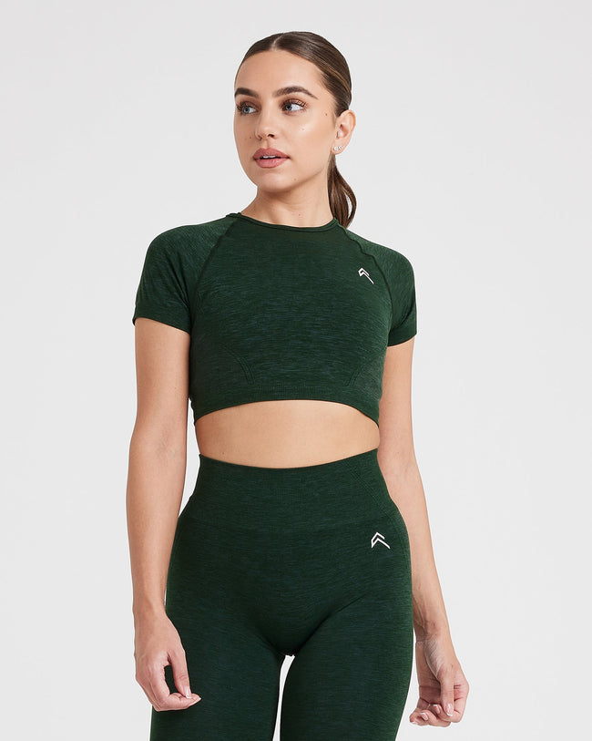 Effortless Seamless Short Sleeve Crop Top with White Logo | Evergreen