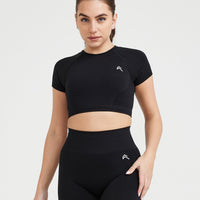 Effortless Seamless Short Sleeve Crop Top with White Logo | Black