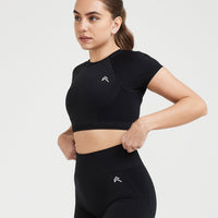 Effortless Seamless Short Sleeve Crop Top with White Logo | Black