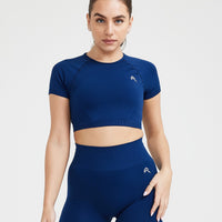 Effortless Seamless Short Sleeve Crop Top with White Logo | Midnight