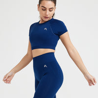 Effortless Seamless Short Sleeve Crop Top with White Logo | Midnight