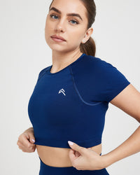 Effortless Seamless Short Sleeve Crop Top with White Logo | Midnight